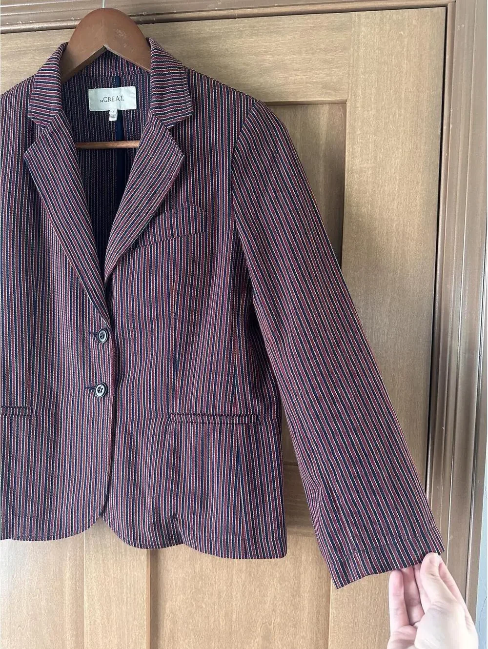 The GREAT. Shrunken Blazer Country Road Pinstripe Red Blue Women’s size 1 Small - Picture 3 of 14